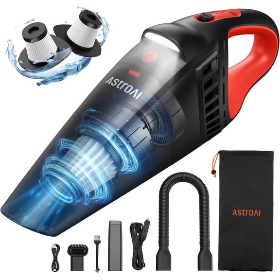 V2 Mini Portable Cordless Handheld Car Vacuum Cleaner, 6000mAh & 12V DC, LED Light, Brush, Extended Nozzle, Hose, Portable Handheld Vacuum for Car, Home, Office & Pet Cleaning, Red