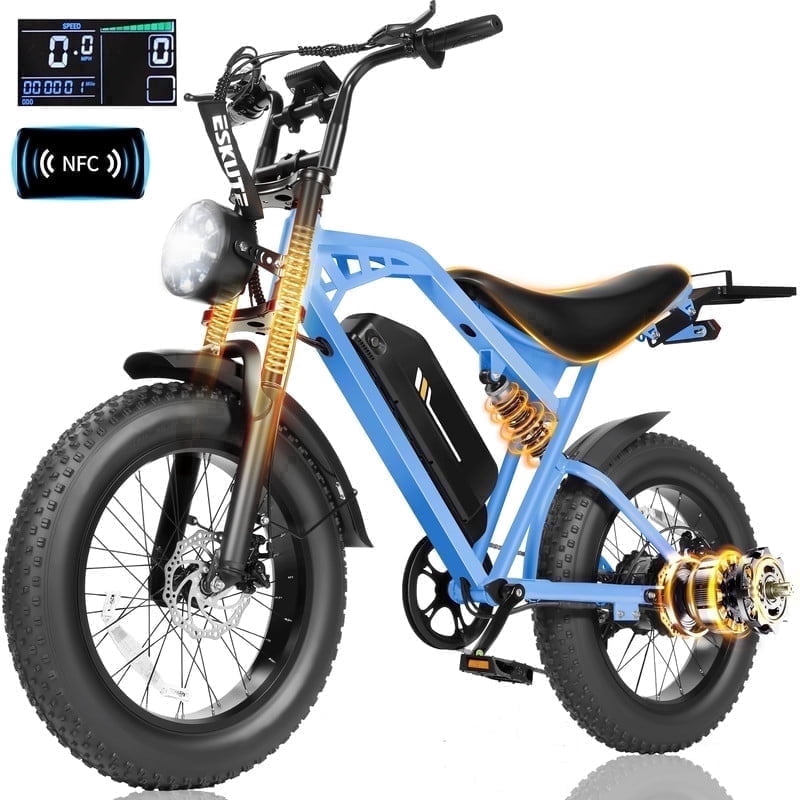 ESKUTE V200 Electric Bike for Adults, Dirt E-Bike with 29MPH 48V20.8Ah Battery 80 Miles,20"x4.0 Fat Tire, NFC Unlock, 7-Speed Dual Suspension, Blue with Rear Rack & Footrests, UL2849