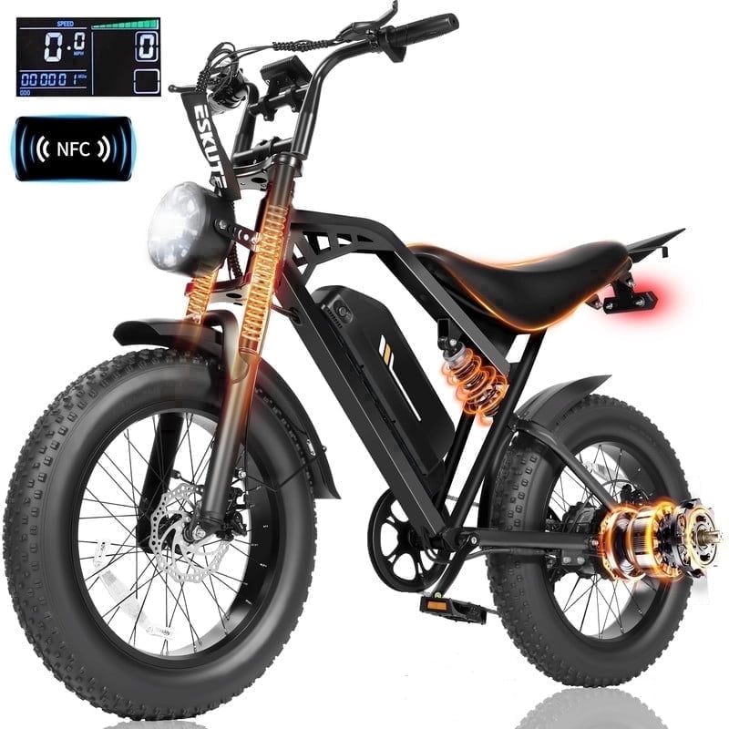 ESKUTE V200 Electric Bike for Adults, E-Bike with 20MPH 52V20.8Ah Battery 80 Miles,20"x4.0 Fat Tire, NFC Unlock, 7-Speed Dual Suspension, Streamlined Frame, Black, UL2849