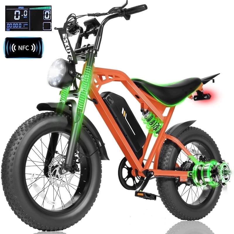 ESKUTE V200 Electric Bike for Adults, Dirt E-Bike with 29MPH 48V20.8Ah Battery 80 Miles,20"x4.0 Fat Tire, NFC Unlock, 7-Speed Dual Suspension, Streamlined Frame, Orange, UL2849