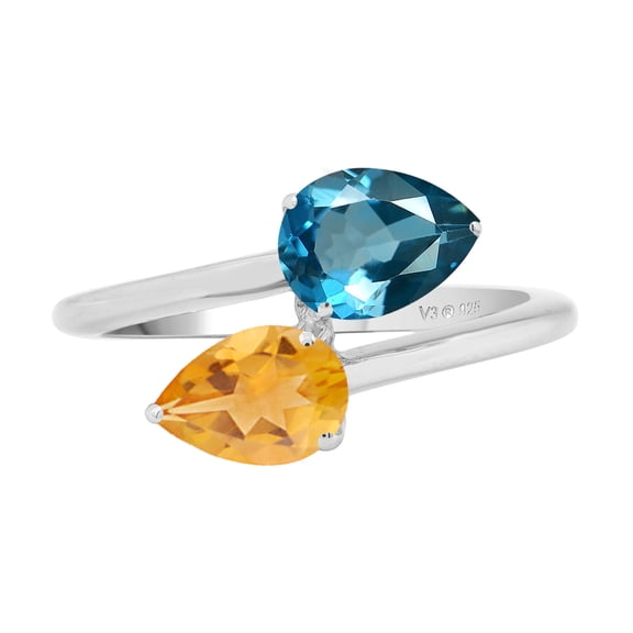 V3 Jewelry 1.30CT Natural London Blue Topaz and Citrine Two Stone Sterling Silver Ring