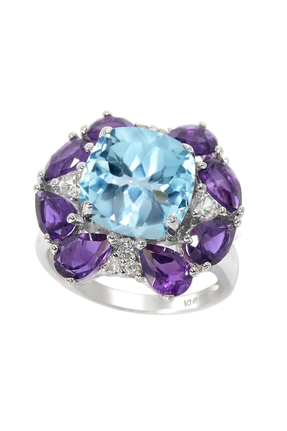 ® 925 Sterling Silver with Natural Sky Blue Topaz, Amethyst and White Zircon Flower Ring For Women