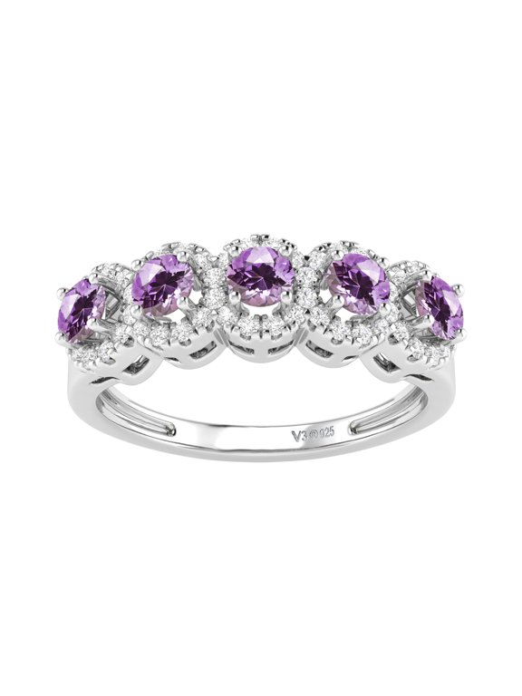 ® Sterling Silver with Natural Amethyst and White Zircon Five Stone Ring