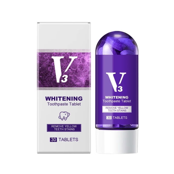 V3 Whitening Toothpaste Tablets, Gentle Formula to Remove Yellow Teeth Stains, 30-Count Portable Oral Care Product for Home and Travel Use
