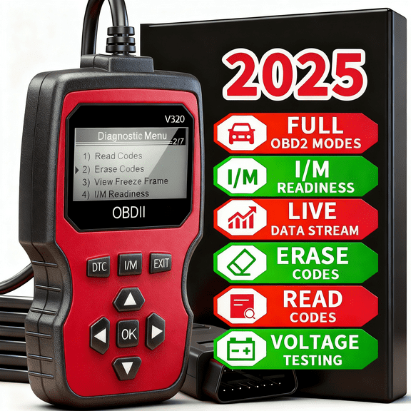 V320 Red OBD2 Diagnostic Tool, Car Scanner, Engine Light Diagnosis, Data Stream, Battery Voltage Test | Code Reader for Cars & Trucks Since 1996