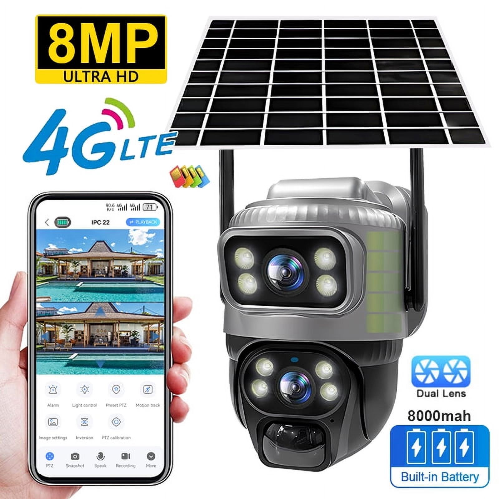 V380 dual lens 4G camera solar Pir human detection night vision waterproof security video IP Camara 8MP 4K Battery CCTV monitor