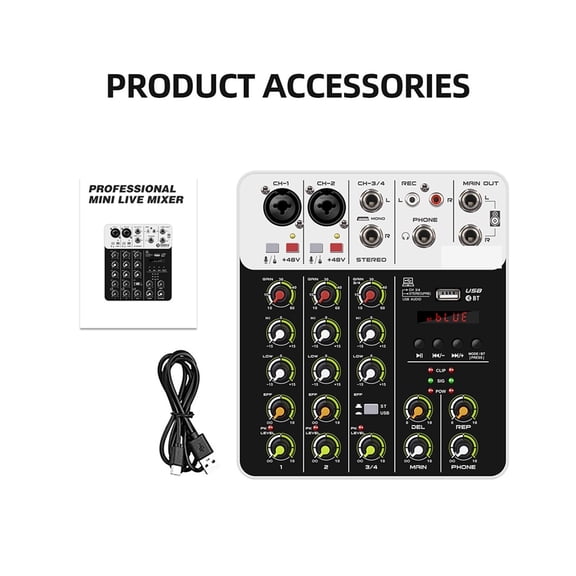 V4 DJ Mixer Console 4 Channel Mixer Protable 48V Phantom Power USB With Sound Card For PC Recording Singing ,Easy to Operate
