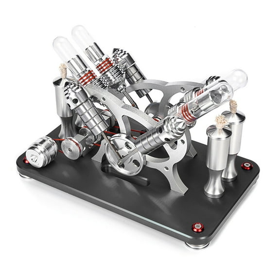V4 Four-Cylinder Parallel Stirling Engine Model - Atmospheric Black Metal Micro External Combustion Engine with Generators