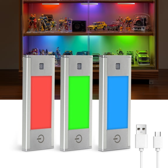 V4light RGB Motion Sensor Night Light, 6-Color Rechargeable Stair Lights, Magnetic Stick-On LED Bookshelf Light with Auto-Off, Touch Control, for Hallway, Stairs, Display Cabinet (3-Pack)