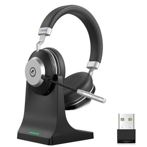 V5.3 Computer Bluetooth Headset with Microphone for PC, with Noise Cancelling Mic, USB Dongle, Charging Base & Mute Button for Work/Cell Phones/Computer/Call Center/Zoom