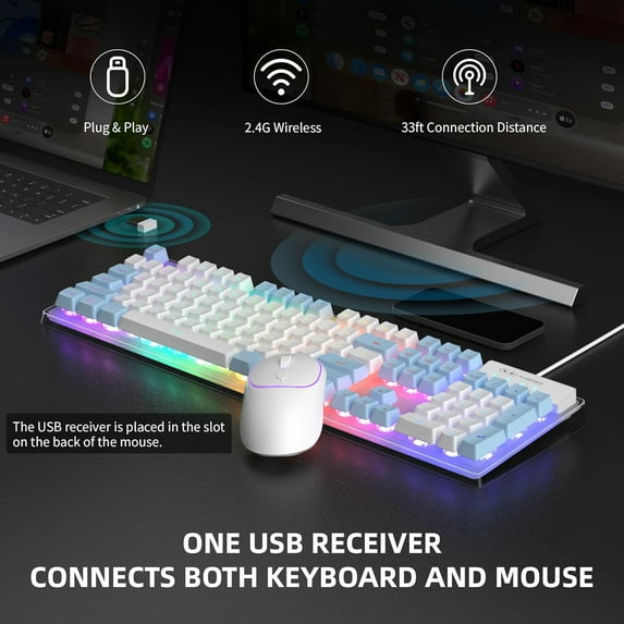 V550 Wireless Gaming Keyboard and Mouse, 2.4G Full-Sized RGB LED Computer Keyboards with Transparent Shell, Rechargeable Quiet Cordless Mouse & Keyboard Combo for Laptop/PC (Blue & White)