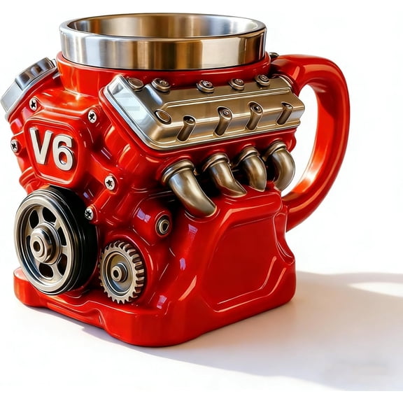 V6 Engine Coffee Mug, 3D Retro Stainless Steel with Spoon for Car Enthusiasts