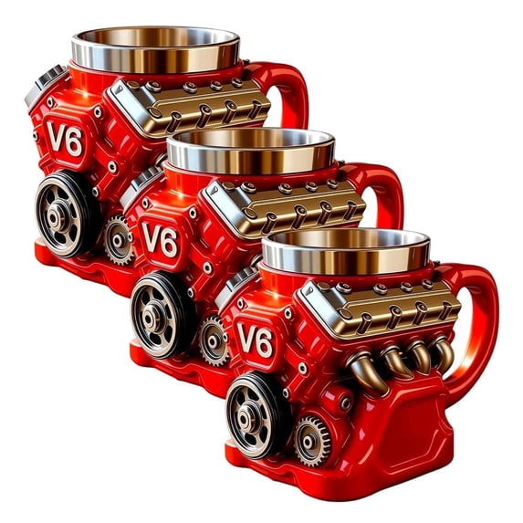 V6 Engine Coffee Mug Red Stainless Steel Cup, Personalized Double Wall Insulation Car Mug with Handle Perfect for Father's Day, Christmas, Husband, Mechanic, Car Enthusiast 3PC