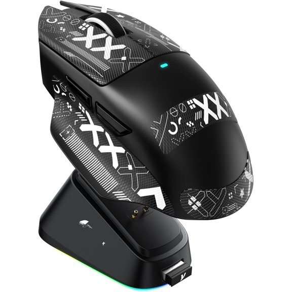 V6 Gaming with RGB Dock, 25K DPI PAW3311 Sensor, 1K Polling Tri-Mode PC Mice, 5 Programmable Bottons, Cloud-Based AI Driver for Win/,Black&Tape