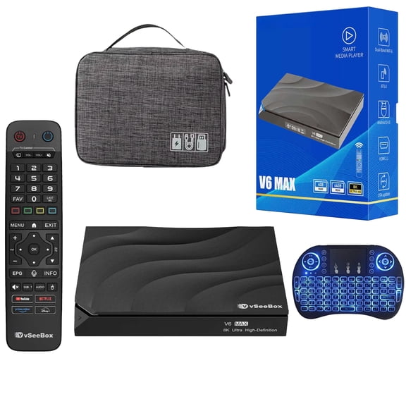 V6 MAX Version Voice Control, 8K HDR10 Android Box 14.0, 4GB RAM +32GB ROM with HDMI Cable, Mini Keyboard, Portable Case