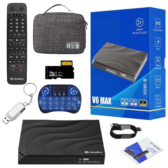 Vseebox V6 MAX Version Voice Control, 8K HDR10 Android Streaming Box 14.0, 4GB RAM +64GB ROM Streaming Devices with HDMI Cable, Mini Keyboard, Portable Case