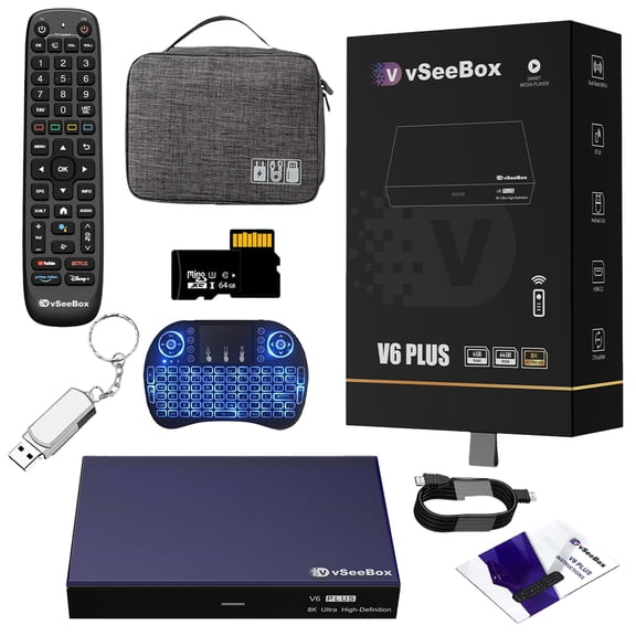 Vseebox V6 Plus Version Voice Control, 8K HDR10 Android Streaming Box 14.0, 4GB RAM +64GB ROM Streaming Devices with HDMI Cable, Mini Keyboard, Portable Case