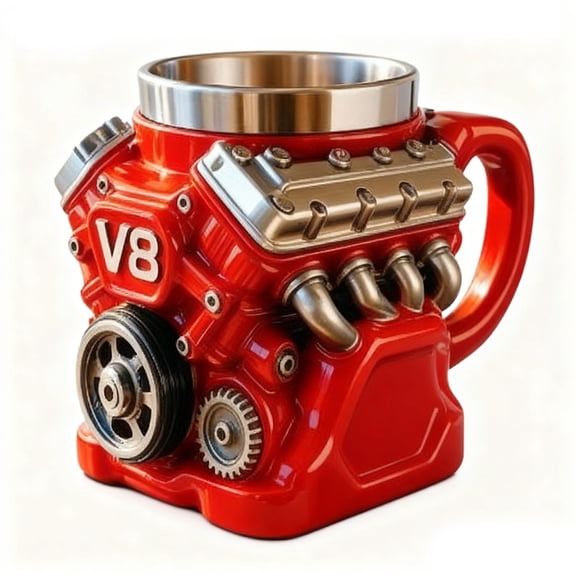 V6/V8/V12 Retro Engines Coffee Mug, 3D Resin Stainless Steel Mug, Personalized Double Wall Insulation Car Mug with Handle, Gifts for Father's Day, Christmas, Husband, Mechanic, Car Enthusiast,Red,V8