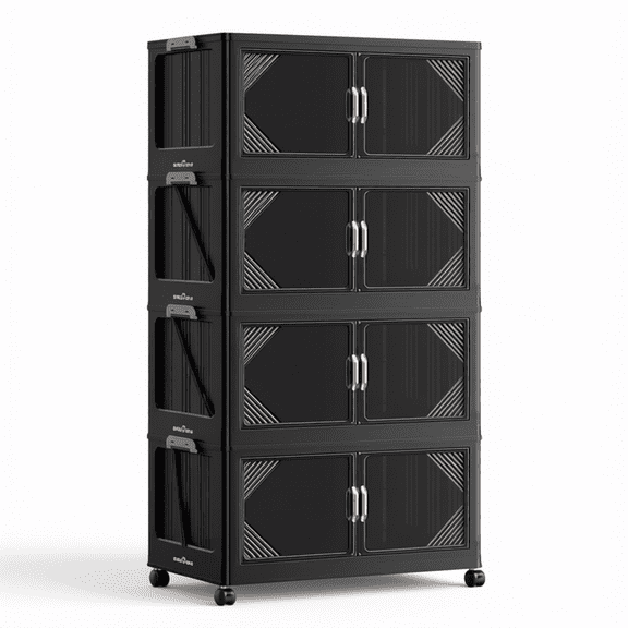 V60 560QT Plastic Stackable Storage Bins with Lid, 4Pack Black | 140Gal Extra Large Closet Organizers Collapsible Cabinets Boxes With Drawer, Foldable Container with 4x Wheels for Home