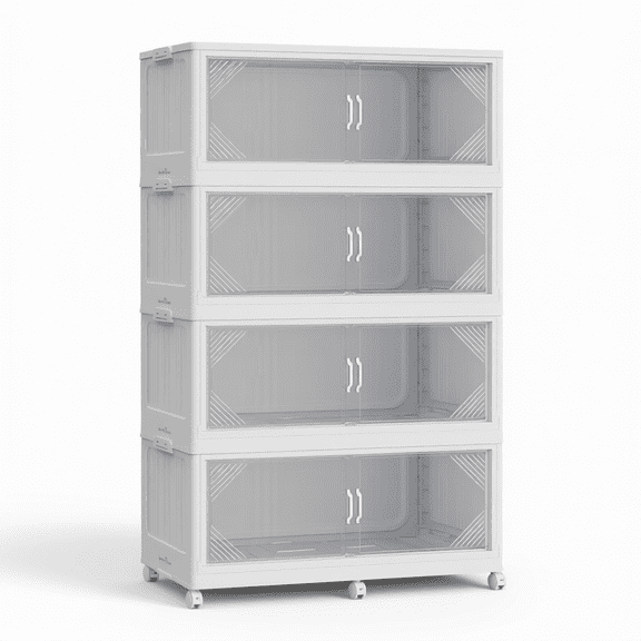 V60 880QT Plastic Stackable Storage Bins with Lid, 4Pack White | 220Gal Extra Large Closet Organizers Collapsible Cabinets Boxes With Drawer, Foldable Container with 6x Wheels for Home