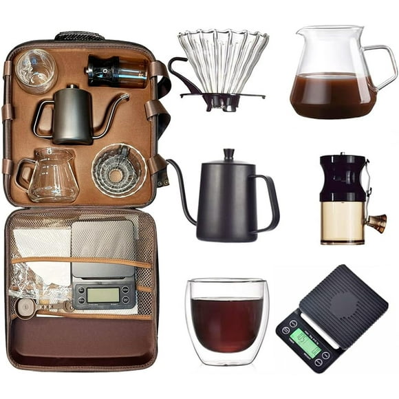 V60 Coffee Set Incl. Coffee Scale Glass Driper,Manual Grinter,Pour Over Kettle,Paper Filters,Double Wall Mug for Camping and Travelling (8 in 1 Coffee Makers)