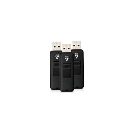 V7 Retractable 4GB USB 2.0 Flash Drive, Black, 3-Pack