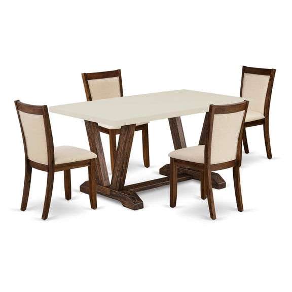 East West Furniture Dining Table and 4 Light Beige Chairs in Distressed Jacobean