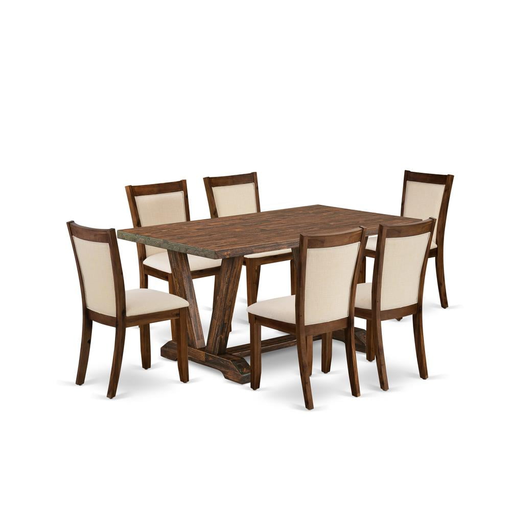 Distressed Jacobean Finish Dining Table with 6 Light Beige Linen Chairs