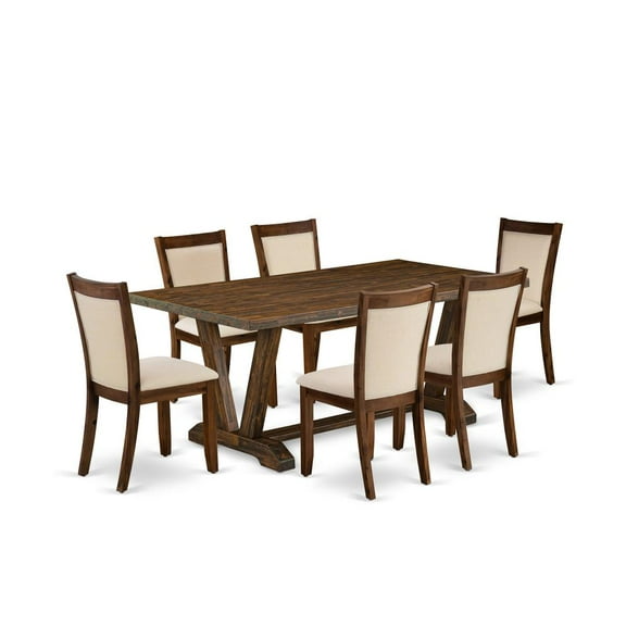 East West Furniture 7-Pc Dining Table Set Contains a Rectangular Dining Table and 6 Light Beige Linen Fabric Parsons Chairs with Stylish Back - Distressed Jacobean Finish