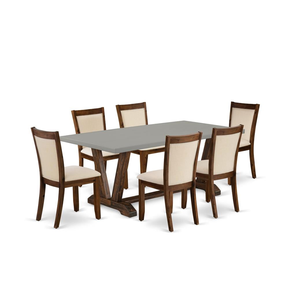 72" Cement Top Dining Table with 6 Light Beige Linen Chairs