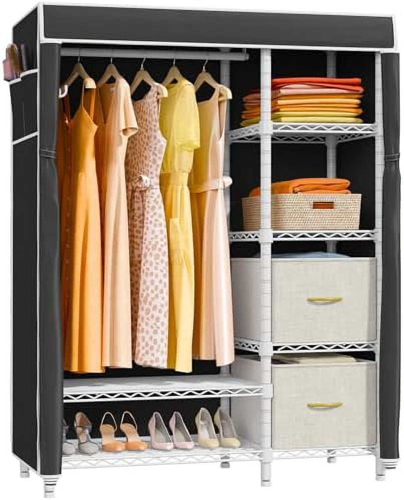 V7C Garment Rack with Cover Portable Closets for Hanging Clothes Heavy Duty with Shelves Metal