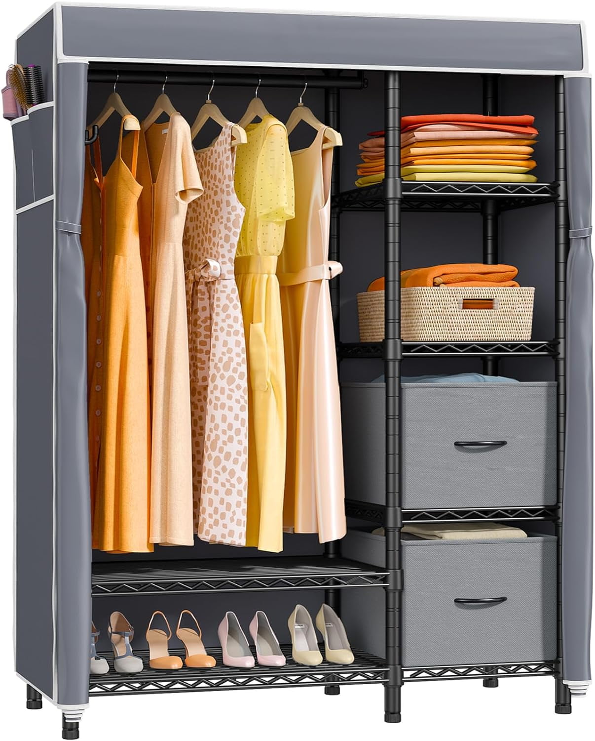 V7C Wire Garment Rack 6 Tiers Heavy Duty Covered Clothes Rack With 2