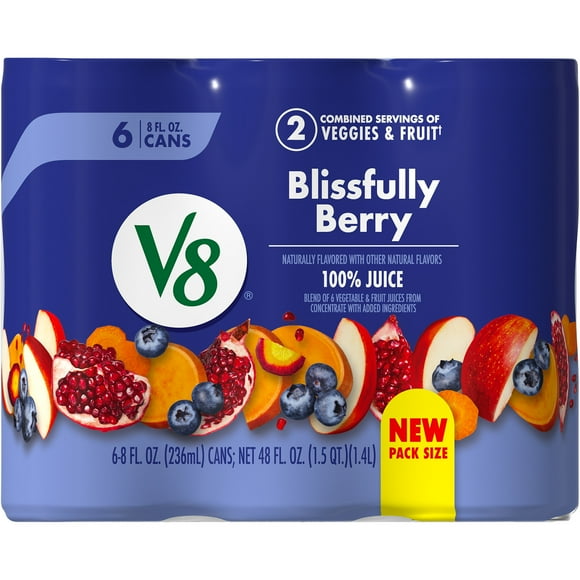 V8 Blissfully Berry 100% Fruit and Vegetable Juice, 8 fl oz Can, 6 Count