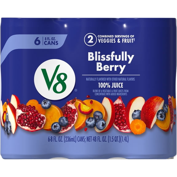 V8 Blissfully Berry 100% Fruit and Vegetable Juice, 8 fl oz Can, 6 Count