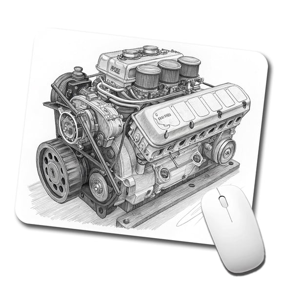 V8 Car Engine Sketch Mouse Pad Low Profile Gaming Mat