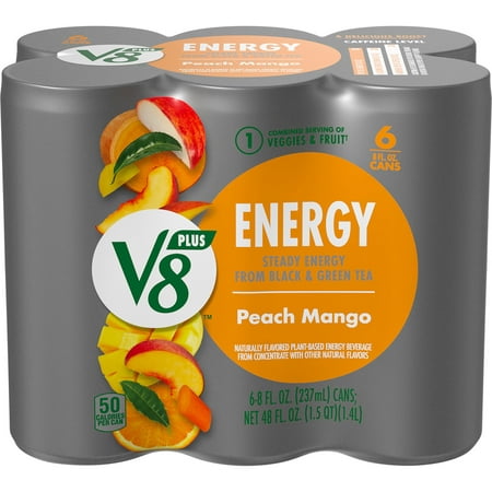 V8 +ENERGY Peach Mango Energy Drink, 8 fl oz Can (Pack of 6)