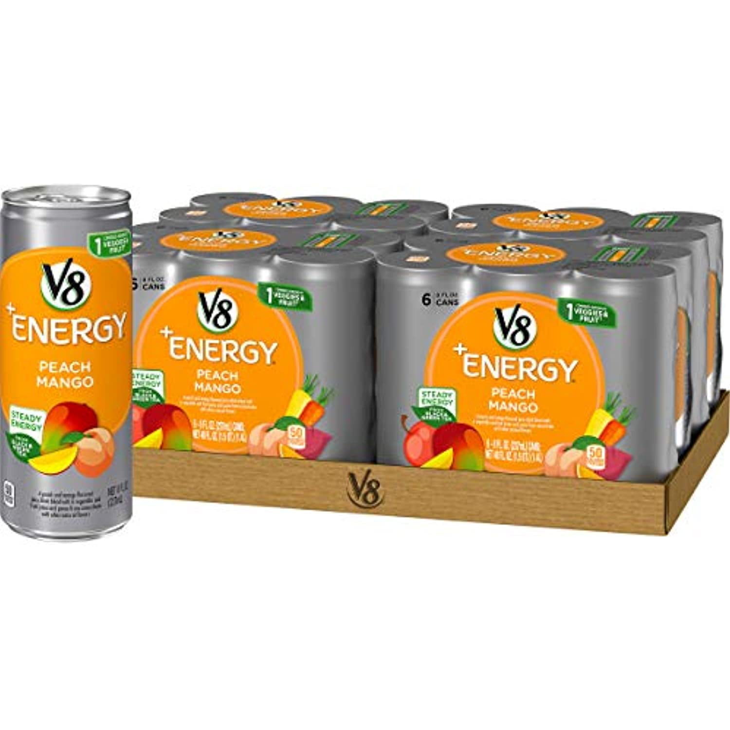 V8 +Energy, Healthy Drink, Natural Energy From Tea, Peach Mango, 8 Ounce Can (4 Packs Of 6, Total Of 24)