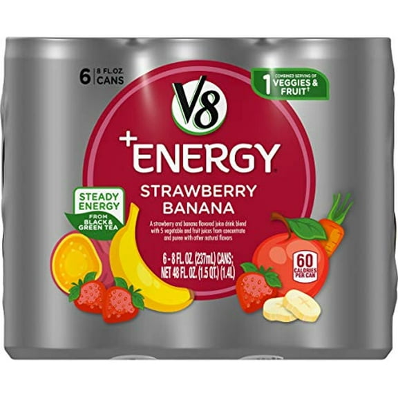 V8 +Energy, Healthy Energy Drink, Natural Energy From Tea, Strawberry Banana, 8 Fl Oz Can (6 Count (Pack Of 4), Total Of 24)