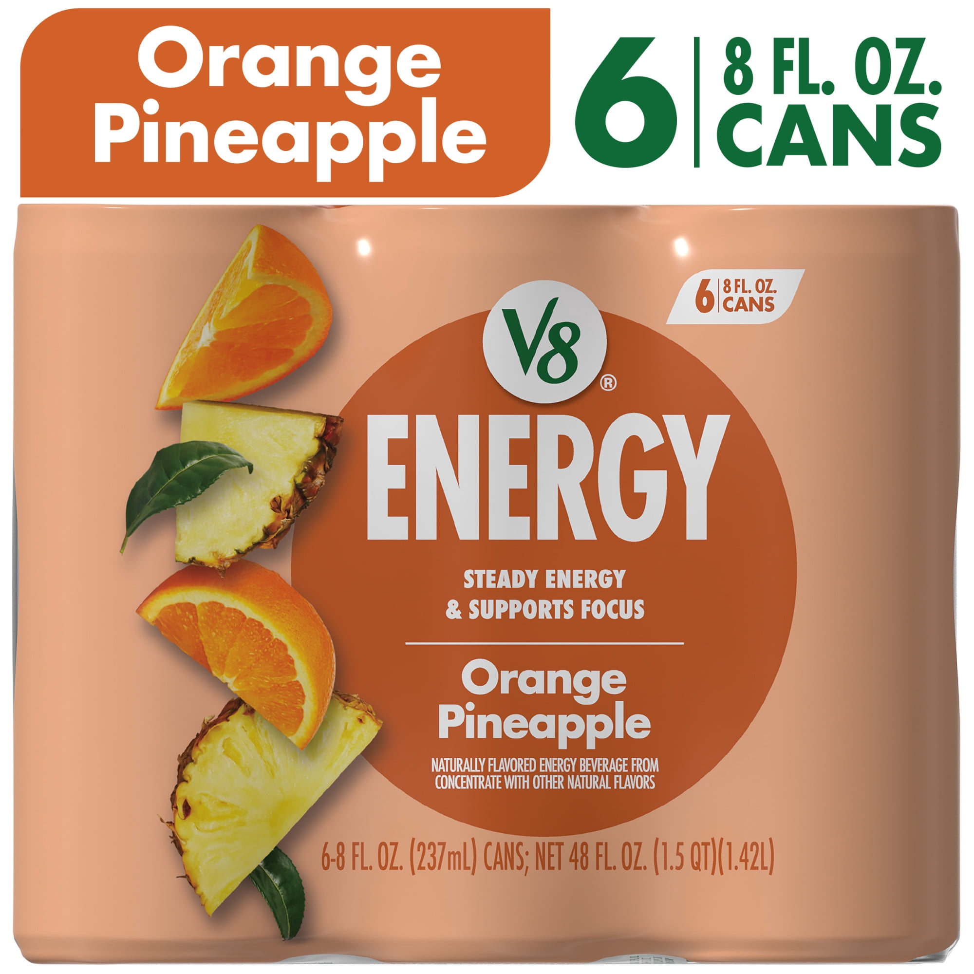 V8 Juice, Energy Drink, Orange Pineapple 8 fl oz Can, 6 Pack