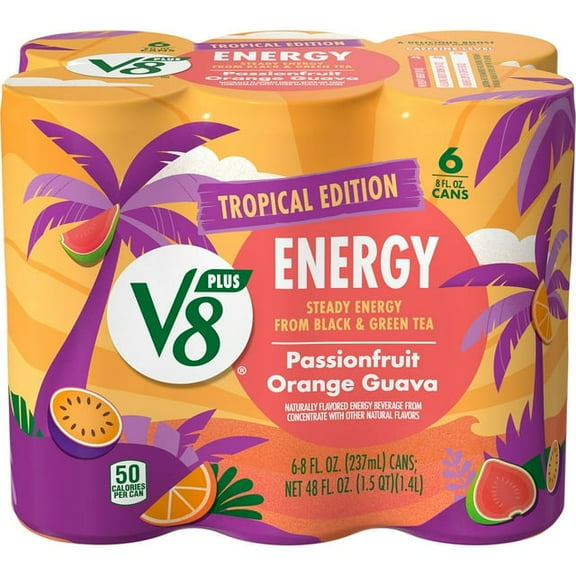 V8 +Energy Passionfruit Orange Guava Juice Energy Drink, 8 fl oz Can, 6 Count ( 3 Box )