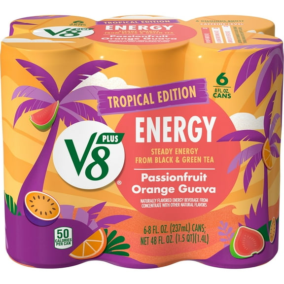V8 +Energy Passionfruit Orange Guava Juice Energy Drink, 8 fl oz Can, 6 Count
