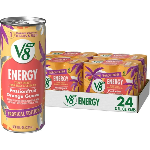 V8 +Energy Passionfruit Orange Guava Juice BSL1Energy Drink, 8 fl oz Can (6 Pack) (Case of 4)
