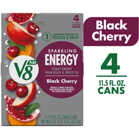 V8 +Energy Sparkling Black Cherry Juice Energy Drink, 11.5 fl oz Can, 4 Count