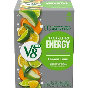 V8 +Energy Sparkling Lemon Lime Juice Energy Drink, 11.5 fl oz Can, 4 Count