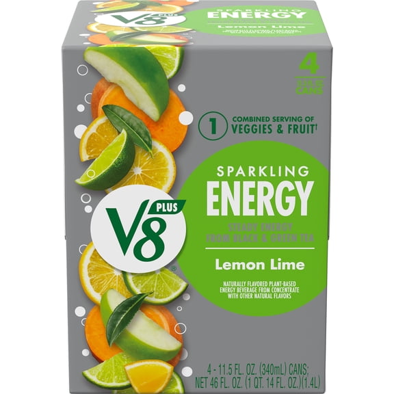 V8 +Energy Sparkling Lemon Lime Juice Energy Drink, 11.5 fl oz Can, 4 Count