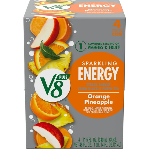 V8 +Energy Sparkling Orange Pineapple Juice Energy Drink, 11.5 fl oz Can, 4 Count