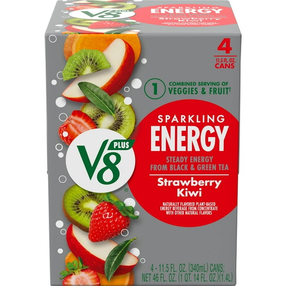 V8 +Energy Sparkling Strawberry Kiwi Juice Energy Drink, 11.5 fl oz Can, 4 Count