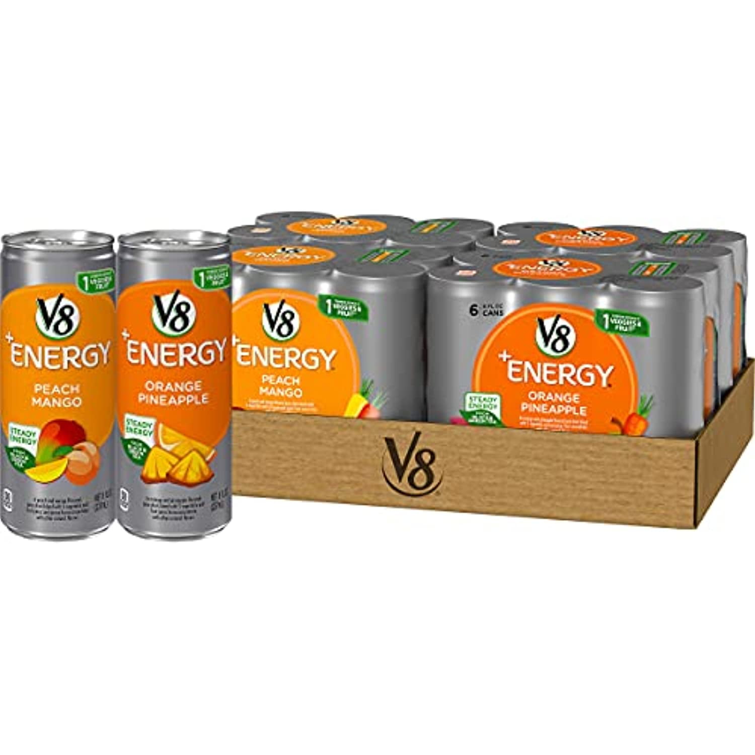 V8 +Energy Variety Pack, Healthy Energy Drink, Orange Pineapple And Peach Mango, 8 Oz Can (24 Count)