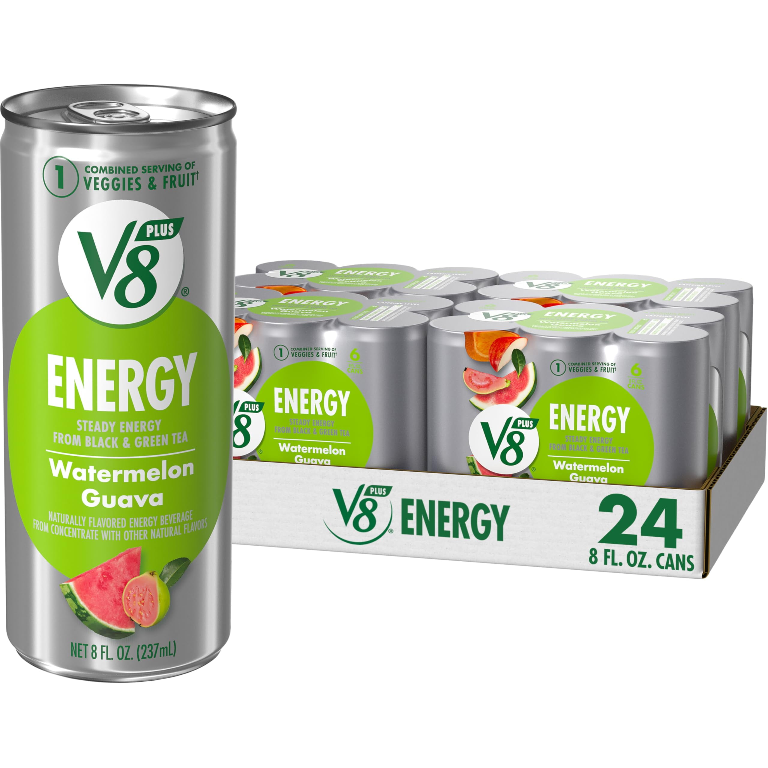 V8 +Energy Watermelon Guava Juice Energy Drink, 8 fl oz Can (24 Pack)