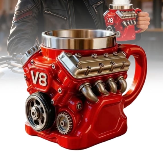 V8 Engine 3D Coffee Mug, Stainless Steel Lined Resin Mechanical Drinkware, Creative Car Enthusiast Gift for Home Office Desktop Decor & Daily Beverage Holding Use (Red)